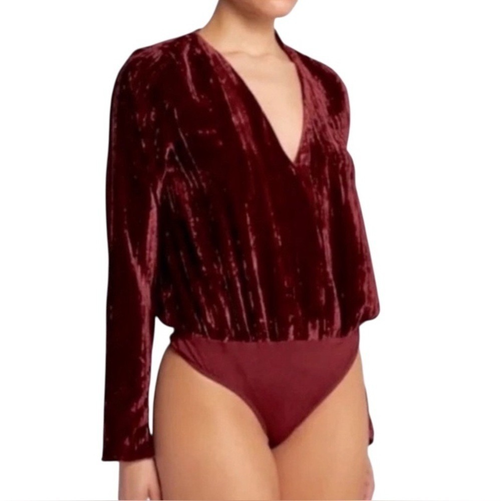 Good American Woman XL Burgundy Whimsigoth Crushed Velvet Long Sleeve Bodysuit